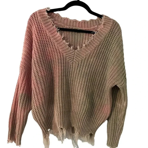 Main Strip Cropped V-Neck Sweater Distressed Hem Two-Toned Pink Tan - Picture 1 of 5